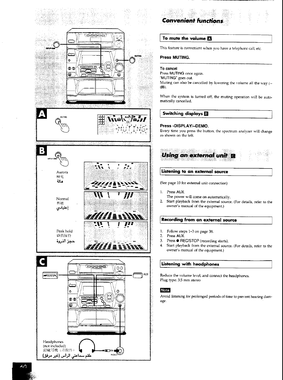 To mute rile volume q, Press muting, Switching displays 10 | Press -display/-demo, Listening to an external source, Recording from an external source, Listening with headphones | Panasonic SCAK50 User Manual | Page 31 / 38