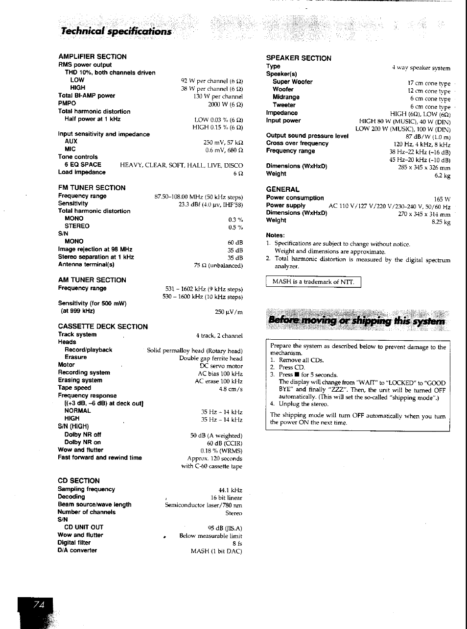 Cassette deck section, Technical specifícafions | Panasonic SCAK50 User Manual | Page 38 / 38