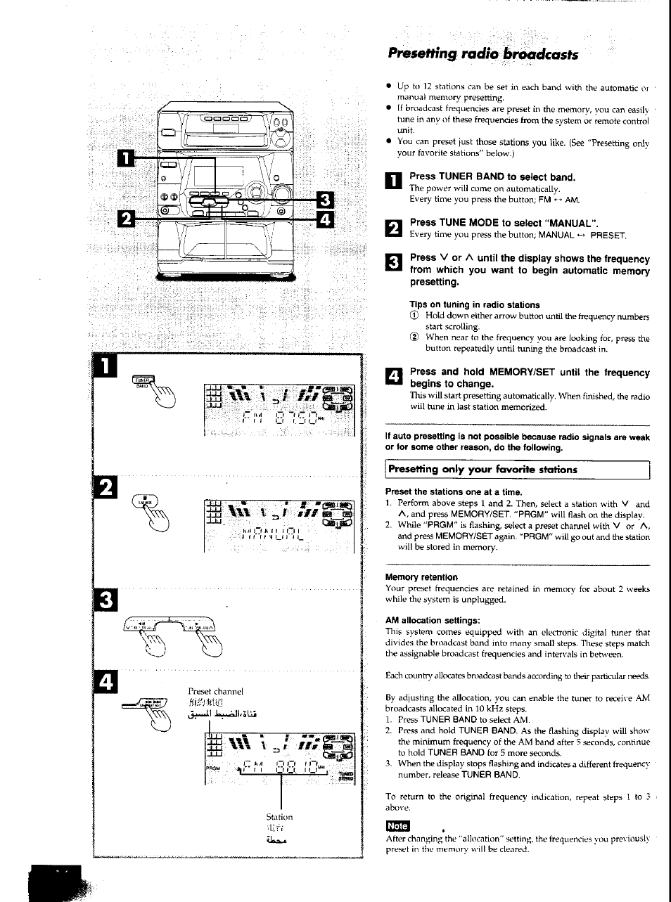 Press tune mode to select “manual, Presetting radio broadcasts | Panasonic SCAK50 User Manual | Page 9 / 38