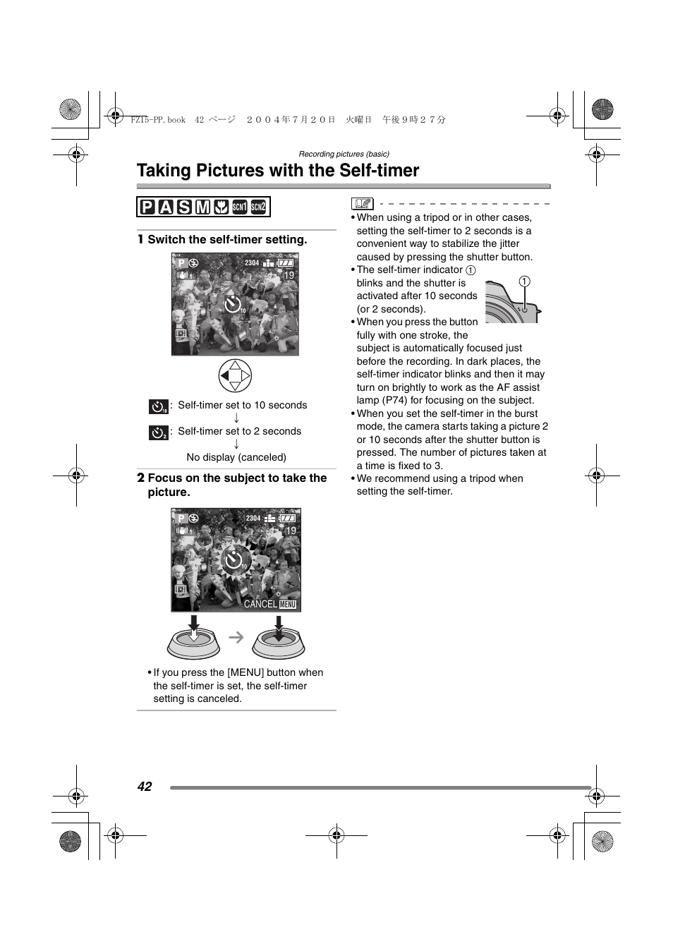 Taking pictures with the self-timer | Panasonic DMC-FZ15P User Manual | Page 42 / 124