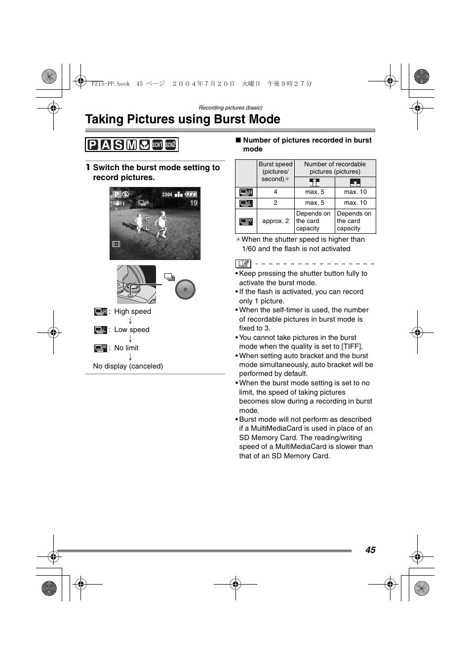 Taking pictures using burst mode | Panasonic DMC-FZ15P User Manual | Page 45 / 124