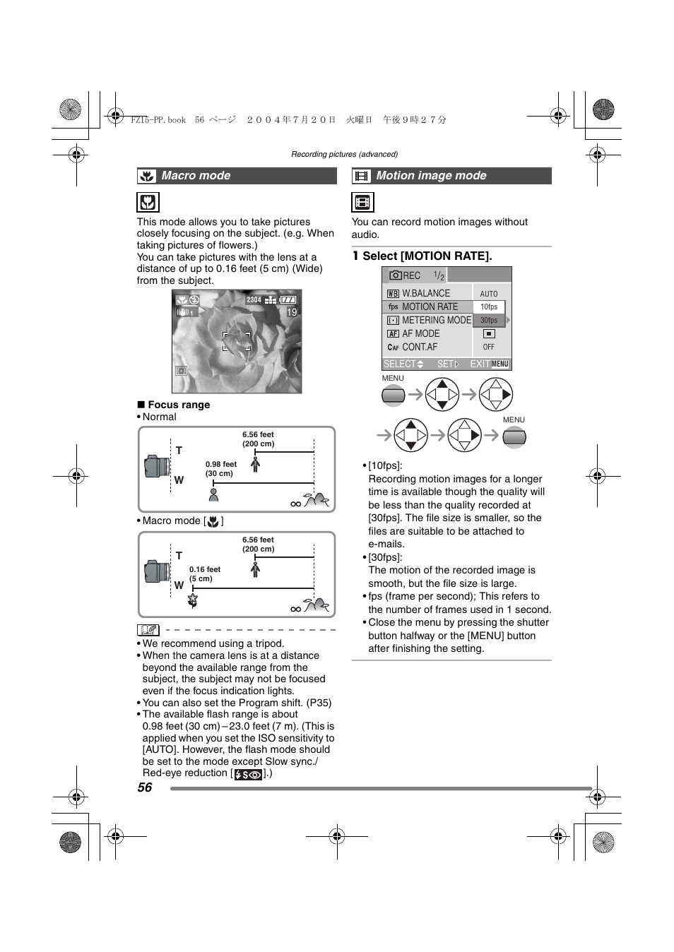 Macro mode, Motion image mode | Panasonic DMC-FZ15P User Manual | Page 56 / 124