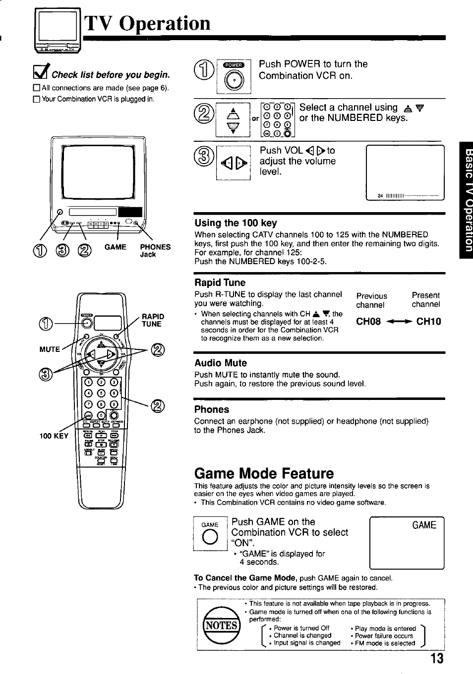 Tv operation, Using the 100 key, Rapid tune | Audio mute, Phones, Game mode feature | Panasonic PV-M1367AD User Manual | Page 13 / 32
