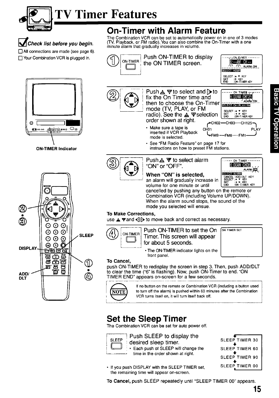 Tv timer features, On-timer with alarm feature, To make corrections | To cancel, Set the sleep timer, I push on-timer to display oiger, Q,^ timer screen, Push a ^ to select alarm “on” or “off, 1 push sleep to display the i desired sleep timer | Panasonic PV-M1367AD User Manual | Page 15 / 32