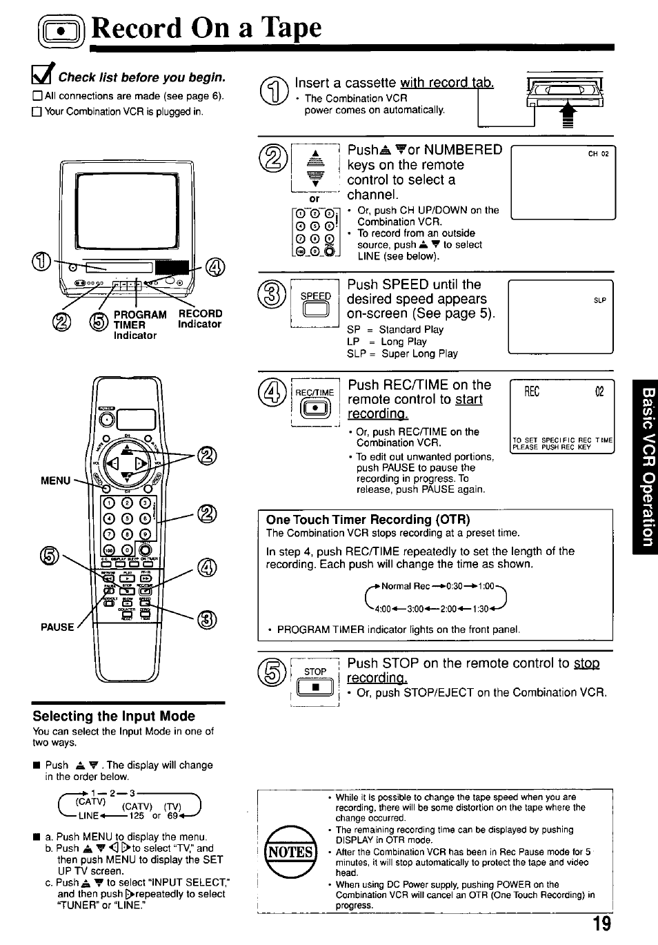 Record on a tape, Selecting the input mode, One touch timer recording (otr) | One touch recording (otr), Ricfi | Panasonic PV-M1367AD User Manual | Page 19 / 32
