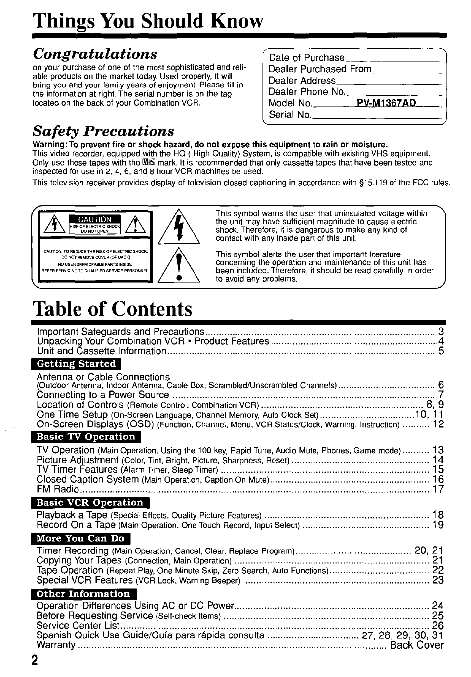 Panasonic PV-M1367AD User Manual | Page 2 / 32