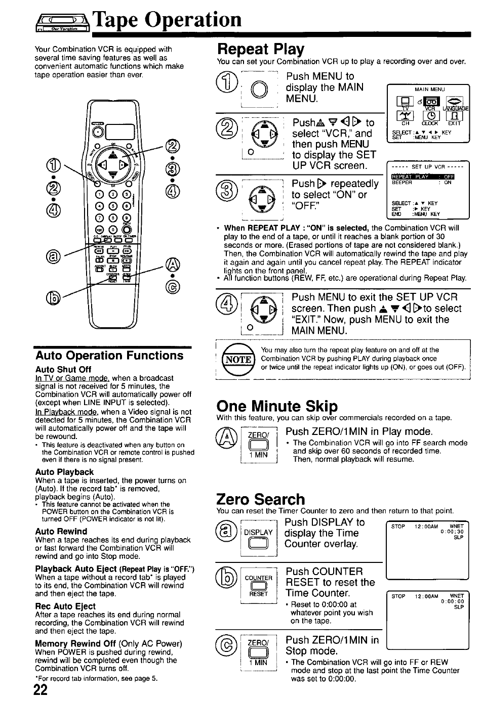 I^^^tape operation, Auto operation functions, Auto shut off | Auto playback, Auto rewind, Rec auto eject, Repeat play, One minute skip, Zero search, Auto repeat function | Panasonic PV-M1367AD User Manual | Page 22 / 32