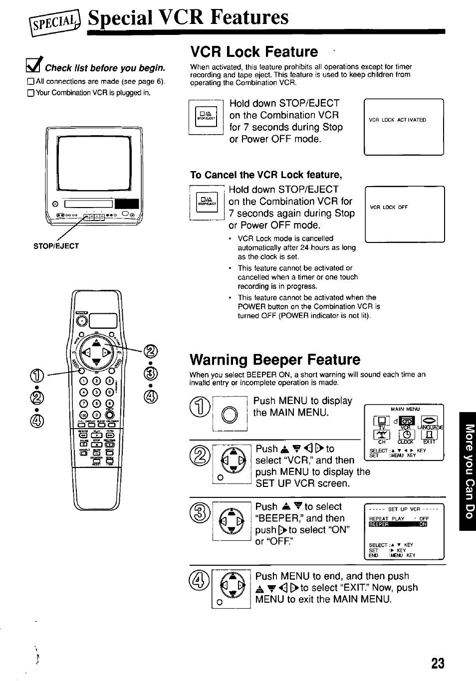 Special vcr features, Vcr lock feature, To cancel the vcr lock feature | Warning beeper feature, Check list before you begin, Push menu to display the main menu | Panasonic PV-M1367AD User Manual | Page 23 / 32