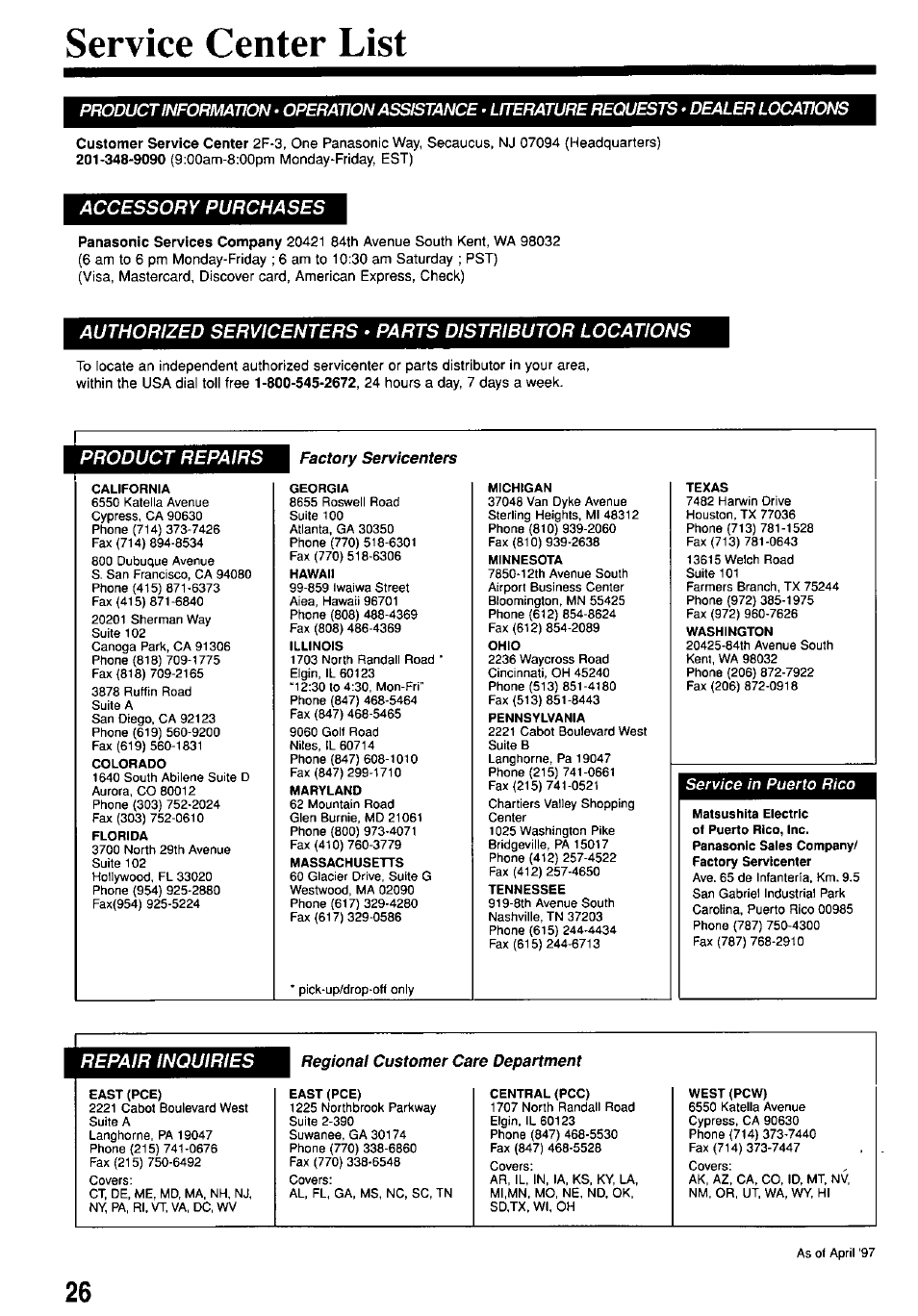 Service center list | Panasonic PV-M1367AD User Manual | Page 26 / 32