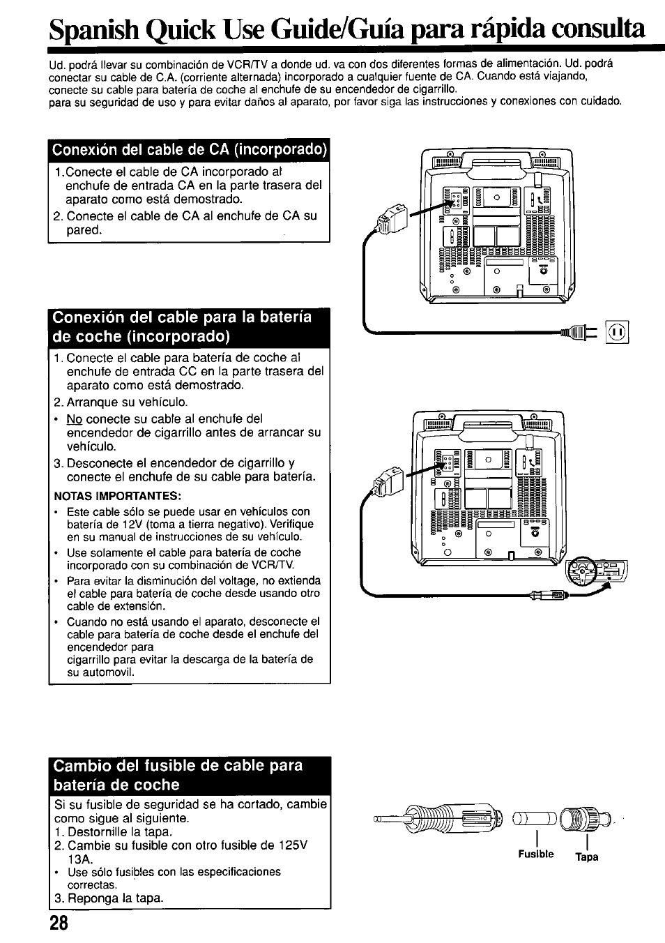 Conexión del cable de ca (incorporado), Notas importantes, Cambio del fusible de cable para batería de coche | Spanish quíck use guide/guía para rápida consulta, I огп) | Panasonic PV-M1367AD User Manual | Page 28 / 32