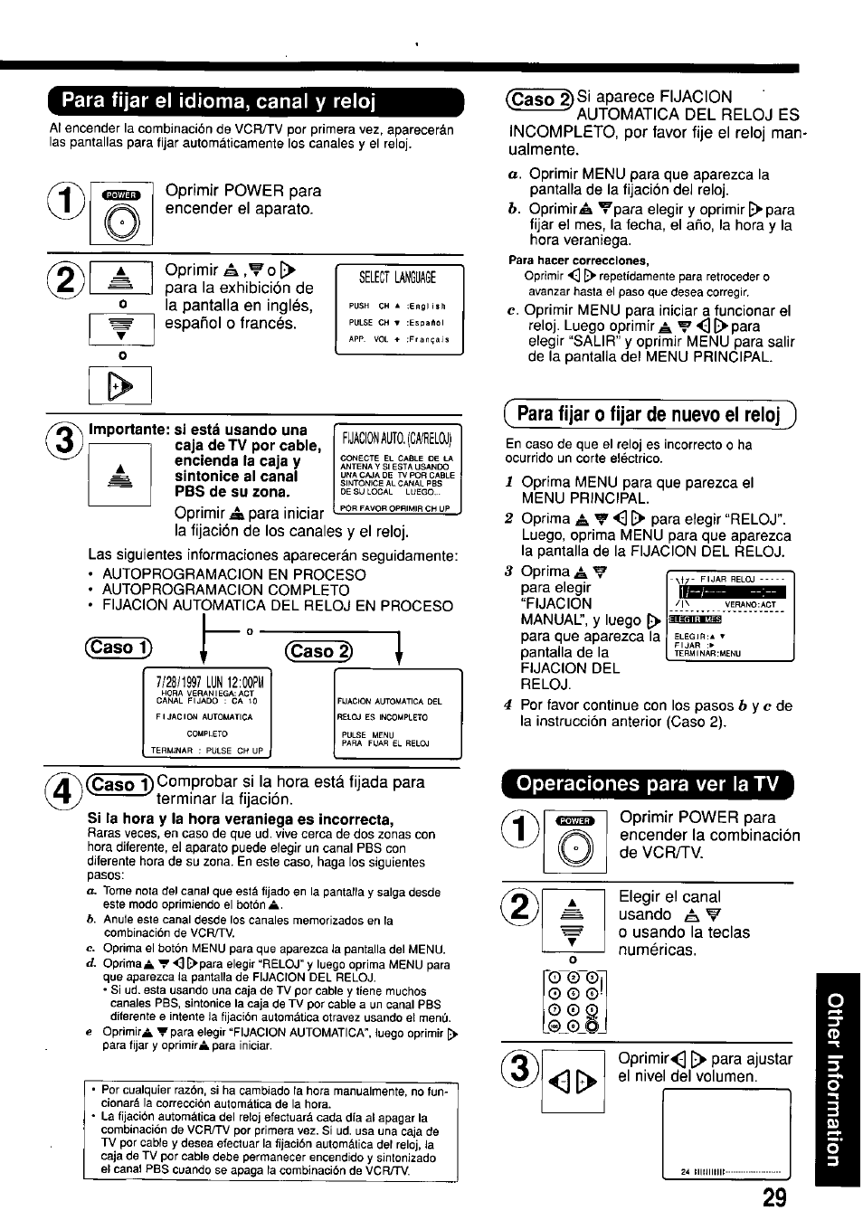 Para fijar el idioma, canal y reloj, Para fijar o fijar de nuevo el reloj, Operaciones para ver la tv | Select language, Caso 1), Caso 2), Caso | Panasonic PV-M1367AD User Manual | Page 29 / 32