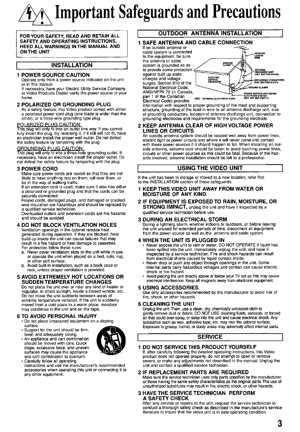 Vf\ important safeguards and precautions, 1 power source caution, 2 polarized or grounding plug | 3 power cord, 4 do not block ventilation holes, 6 to avoid personal injury, 1 safe antenna and cable connection, 3 during an electrical storm, 4 when the unit is plugged in, 5 using accessories | Panasonic PV-M1367AD User Manual | Page 3 / 32