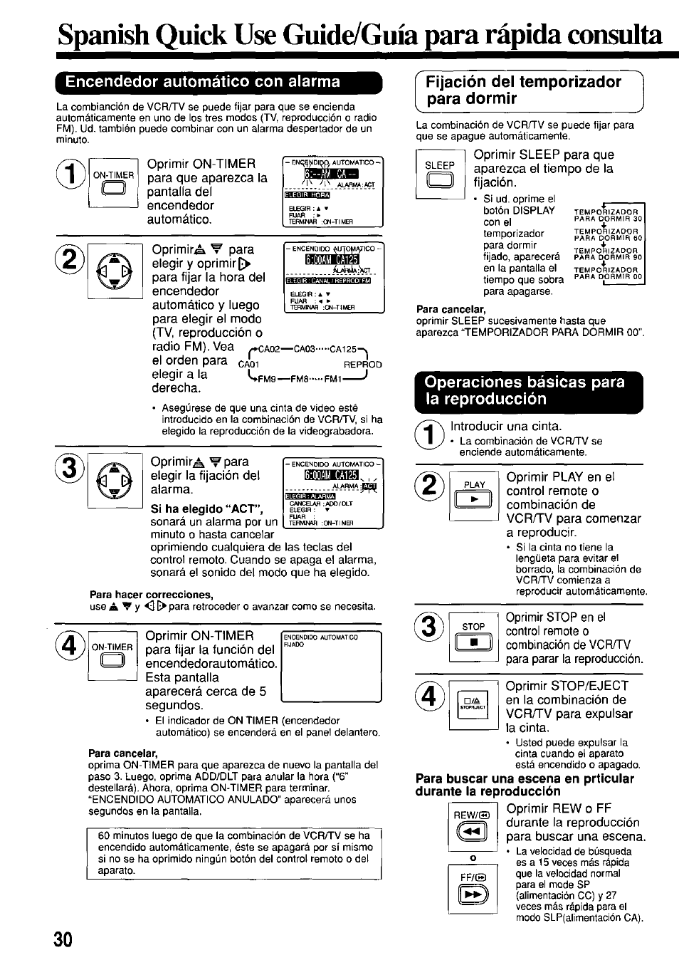 Fijación del temporizador para dormir, Operaciones básicas para la reproducción, Spanish quick use guide/guia para rápida consulta | I en le, Encendedor automático con alarma | Panasonic PV-M1367AD User Manual | Page 30 / 32