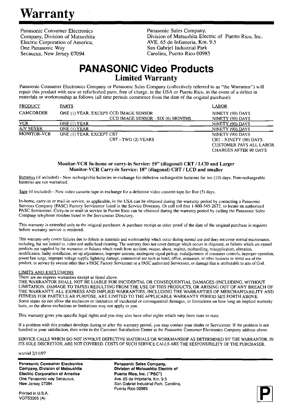 Warranty, Limited warranty, Panasonic vídeo products | Panasonic PV-M1367AD User Manual | Page 32 / 32