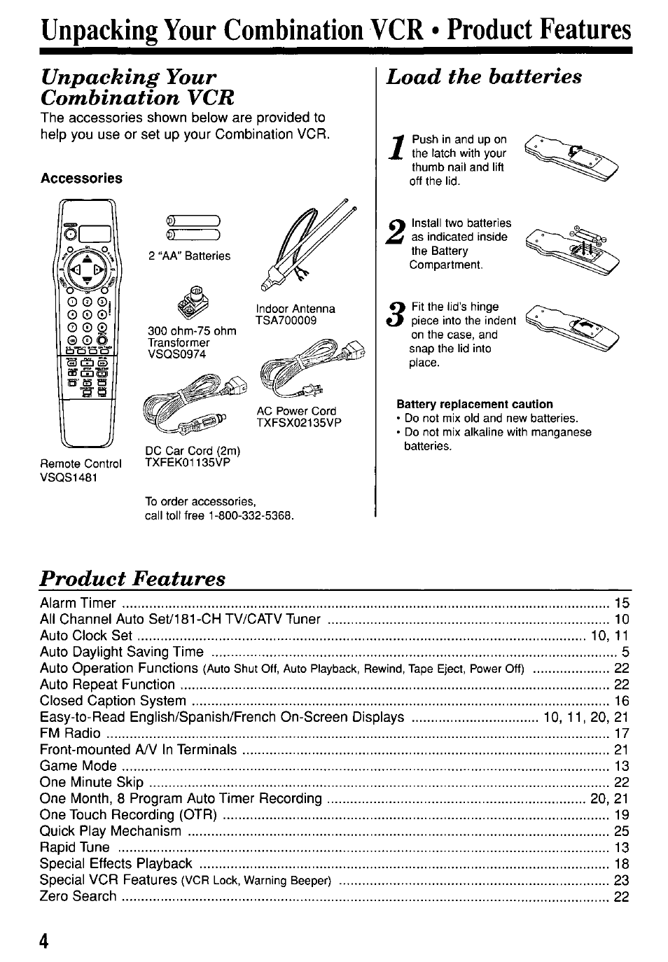 Unpacking your combination vcr • product features, Accessories, Unpacking your combination vcr | Load the batteries, Product features | Panasonic PV-M1367AD User Manual | Page 4 / 32