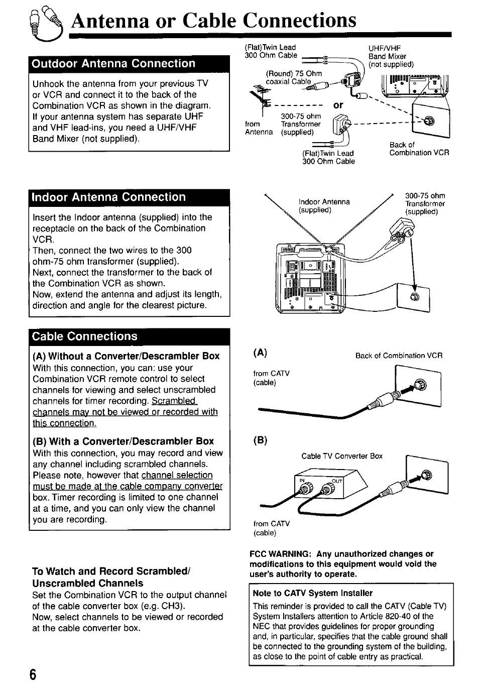 Antenna or cable connections, Outdoor antenna connection, Indoor antenna connection | Cable connections, A) without a converter/descrambler box, B) with a converter/descrambler box | Panasonic PV-M1367AD User Manual | Page 6 / 32