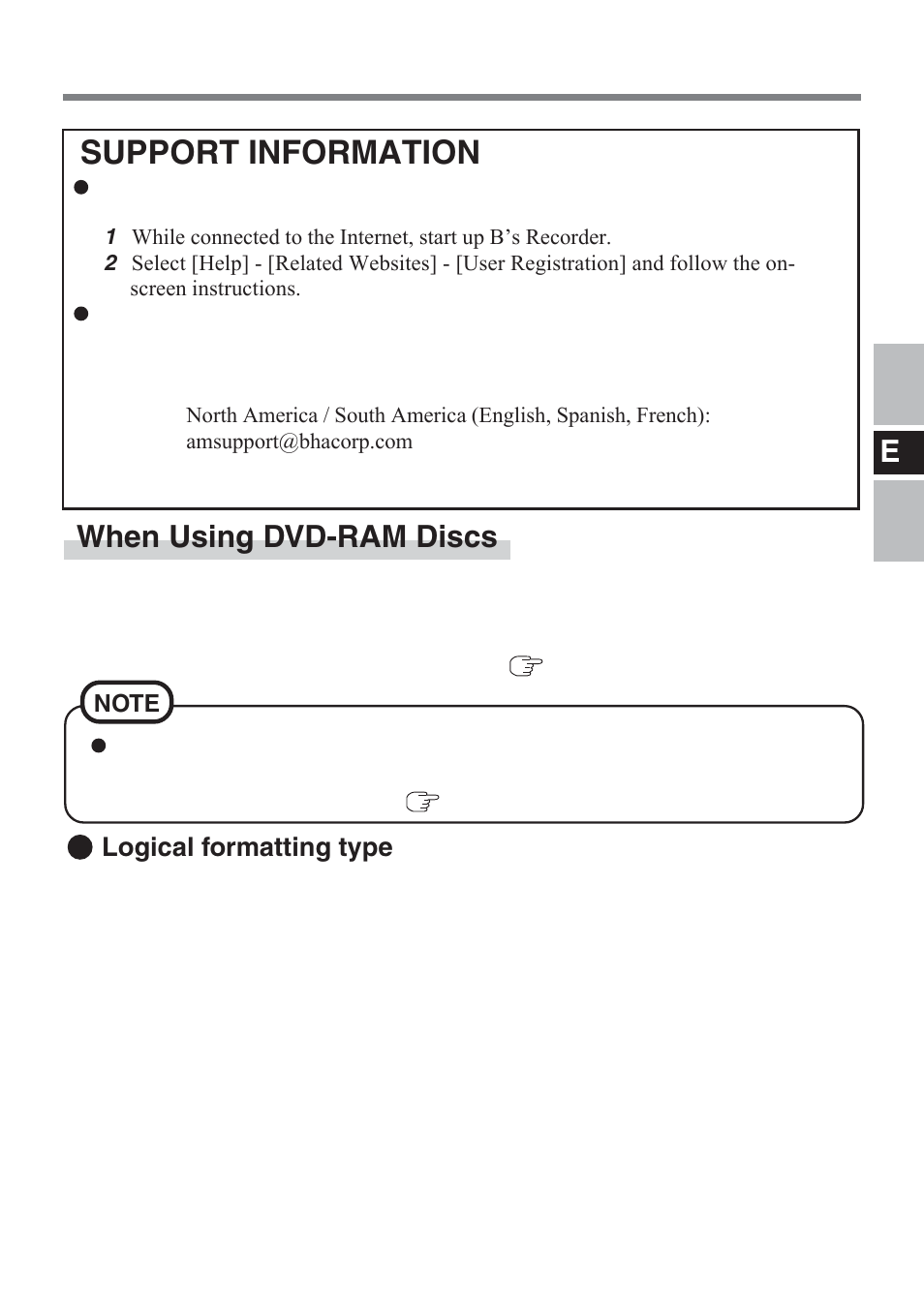 Support information, When using dvd-ram discs, Logical formatting type | Panasonic CF-VDM732U User Manual | Page 21 / 96