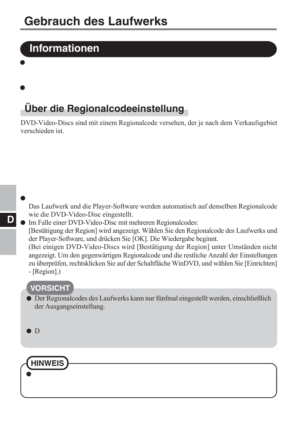 Gebrauch des laufwerks, Informationen, Über die regionalcodeeinstellung | Panasonic CF-VDM732U User Manual | Page 30 / 96