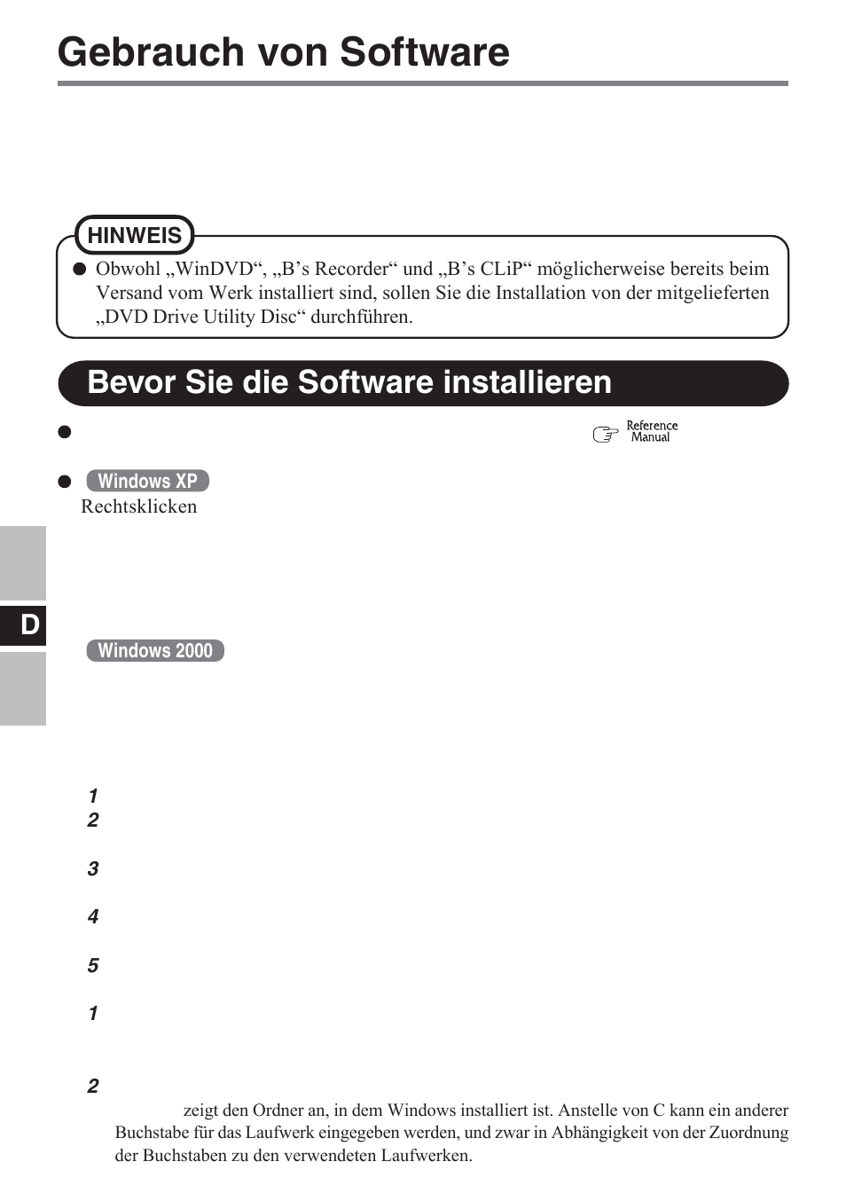 Gebrauch von software, Bevor sie die software installieren | Panasonic CF-VDM732U User Manual | Page 32 / 96