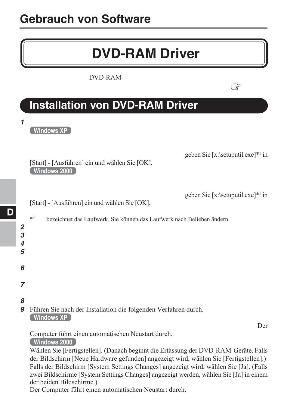 Dvd-ram driver, Gebrauch von software, Installation von dvd-ram driver | Panasonic CF-VDM732U User Manual | Page 34 / 96