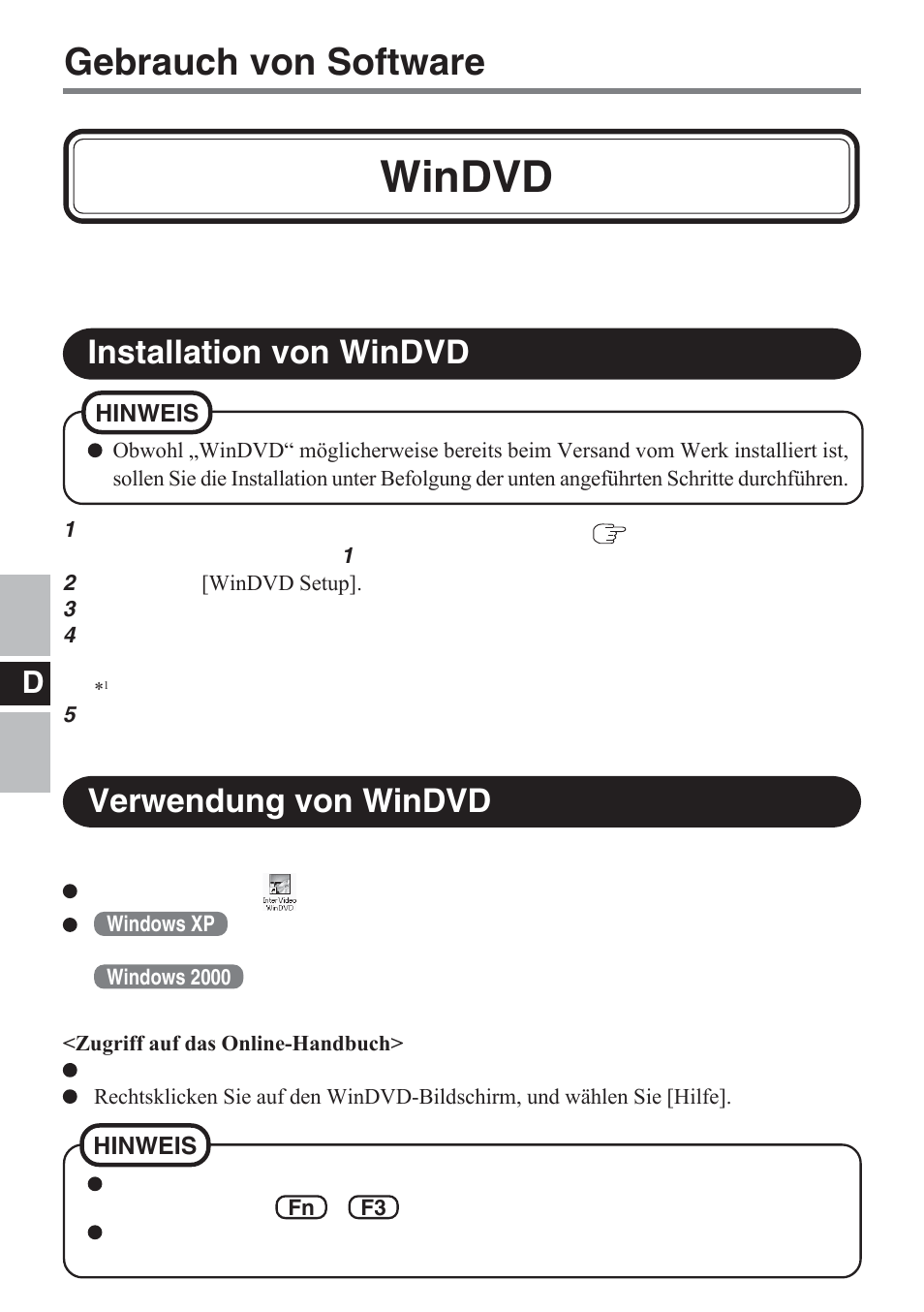 Windvd, Gebrauch von software, Verwendung von windvd | Installation von windvd | Panasonic CF-VDM732U User Manual | Page 36 / 96