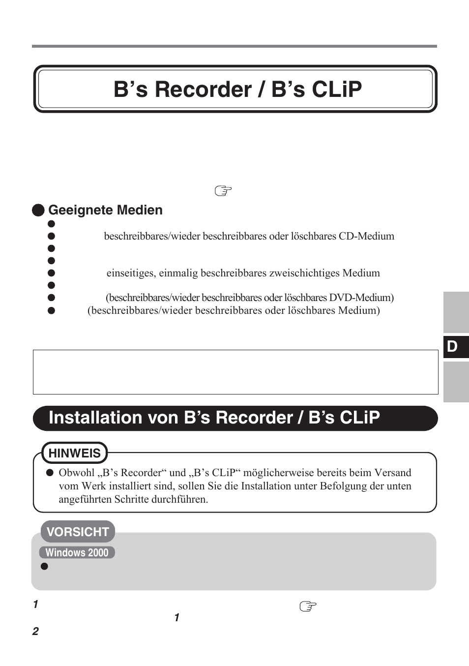 B’s recorder / b’s clip, Installation von b’s recorder / b’s clip, Geeignete medien | Panasonic CF-VDM732U User Manual | Page 39 / 96