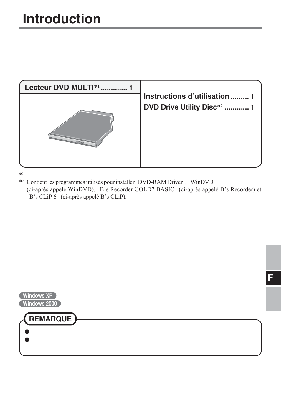 Introduction, Lecteur dvd multi, Instructions d’utilisation | Dvd drive utility disc, Remarque | Panasonic CF-VDM732U User Manual | Page 47 / 96