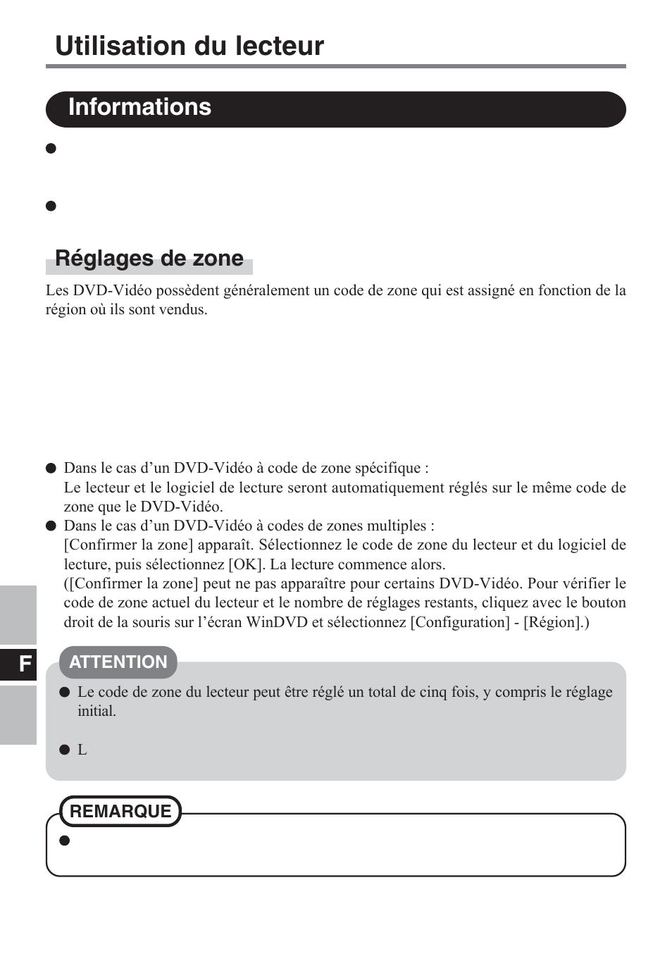 Utilisation du lecteur, Informations, Réglages de zone | Panasonic CF-VDM732U User Manual | Page 52 / 96