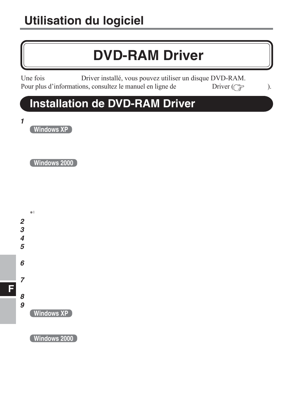 Dvd-ram driver, Utilisation du logiciel, Installation de dvd-ram driver | Panasonic CF-VDM732U User Manual | Page 56 / 96