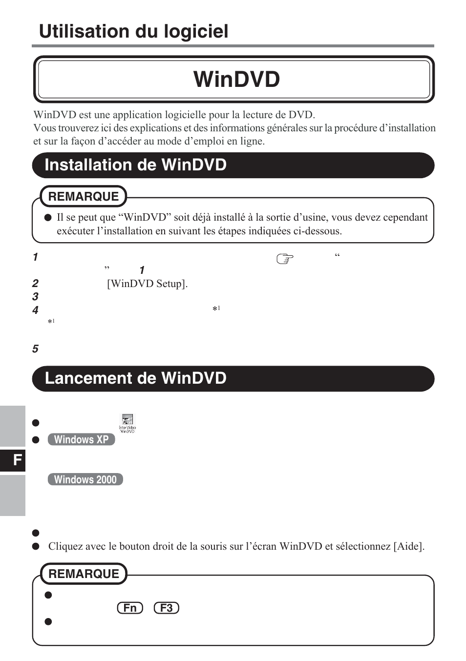 Windvd, Utilisation du logiciel, Lancement de windvd | Installation de windvd | Panasonic CF-VDM732U User Manual | Page 58 / 96