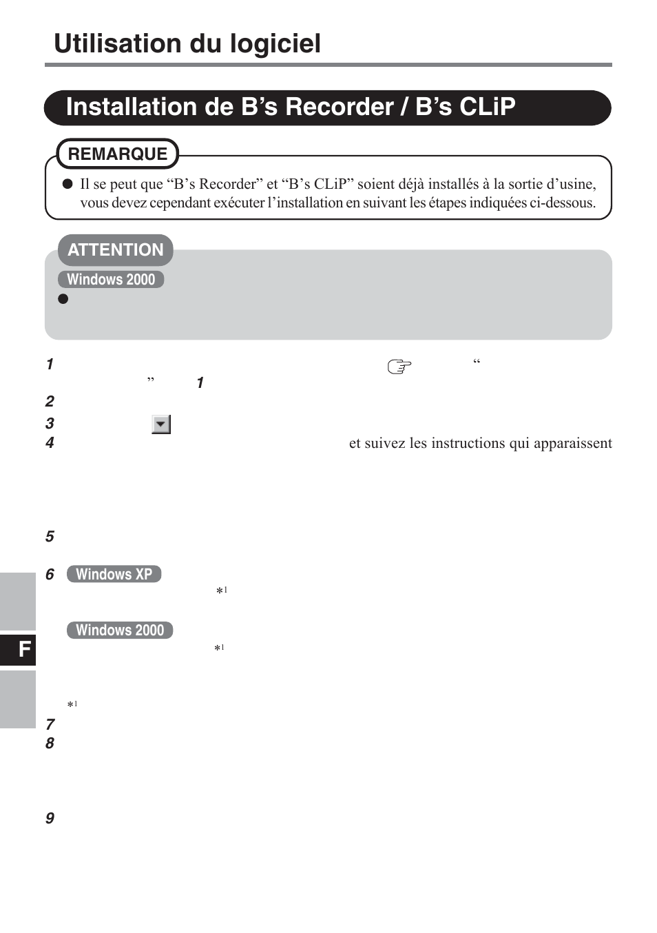 Utilisation du logiciel, Installation de b’s recorder / b’s clip | Panasonic CF-VDM732U User Manual | Page 62 / 96