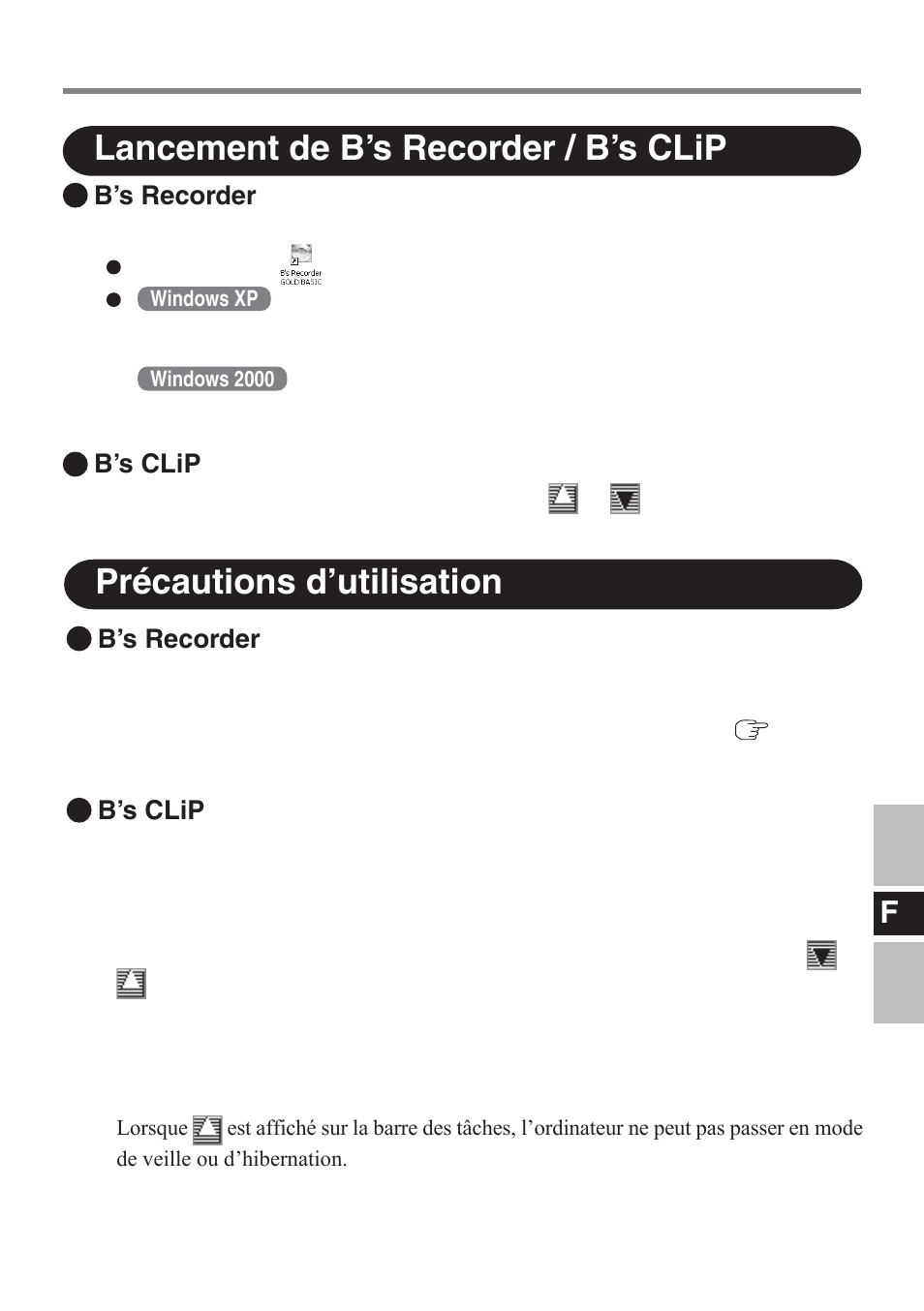 Lancement de b’s recorder / b’s clip, Précautions d’utilisation, B’s recorder | B’s clip | Panasonic CF-VDM732U User Manual | Page 63 / 96