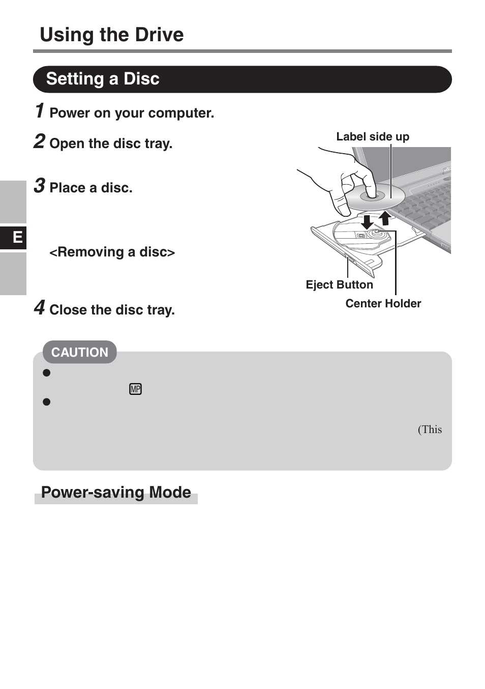 Using the drive, Setting a disc, Power-saving mode | Panasonic CF-VDM732U User Manual | Page 8 / 96