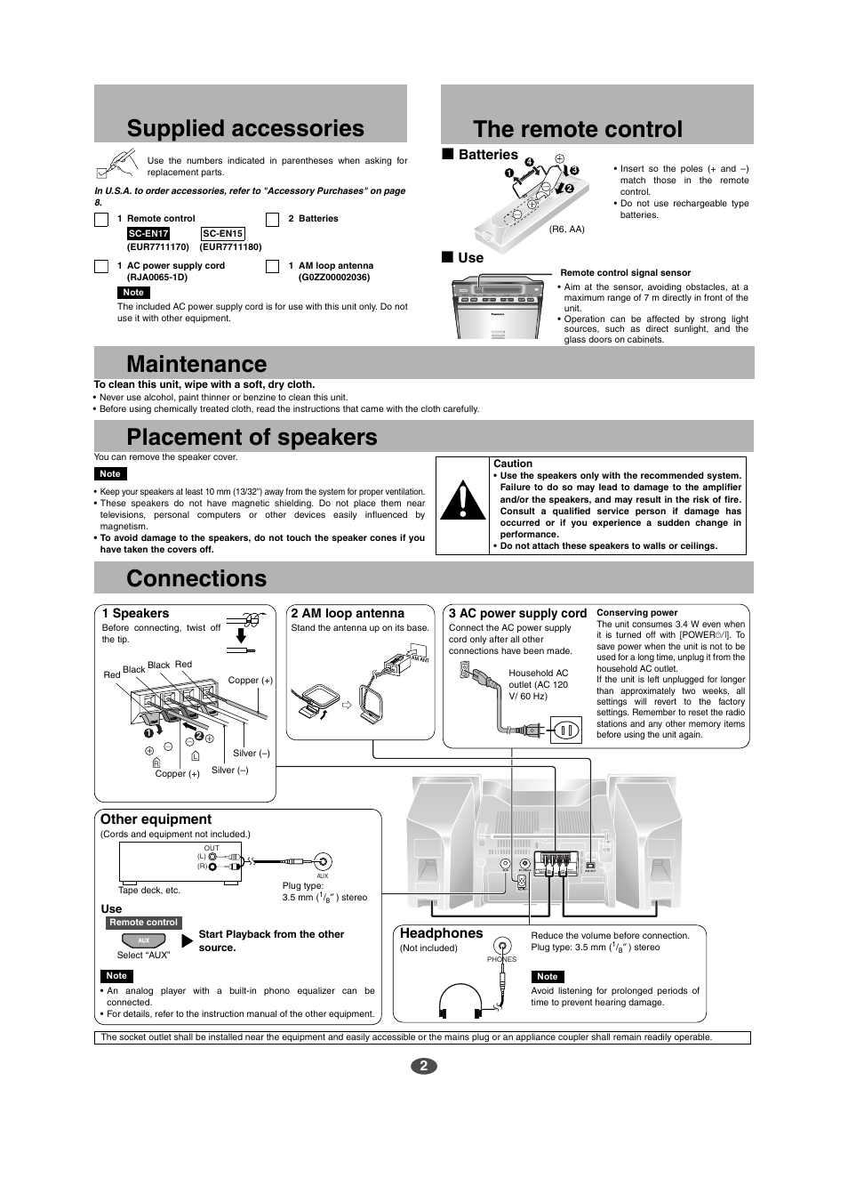 Maintenance placement of speakers, Connections, Supplied accessories | The remote control, Headphones, Other equipment, G batteries, G use | Panasonic SC-EN15 User Manual | Page 2 / 8