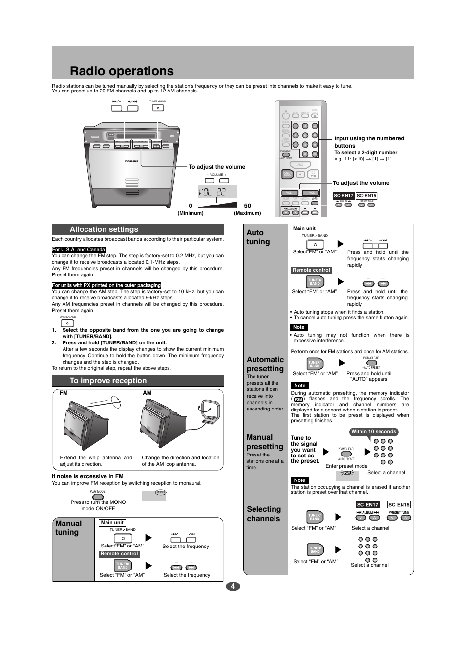 Radio operations, Allocation settings to improve reception, Manual tuning | Automatic presetting, Manual presetting, Selecting channels, Auto tuning | Panasonic SC-EN15 User Manual | Page 4 / 8