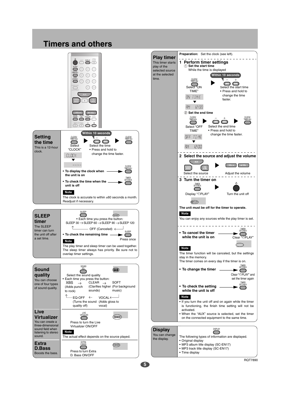 Timers and others, Setting the time, Sleep timer | Sound quality, Live virtualizer, Extra d.bass, Play timer, Display, 1perform timer settings | Panasonic SC-EN15 User Manual | Page 5 / 8