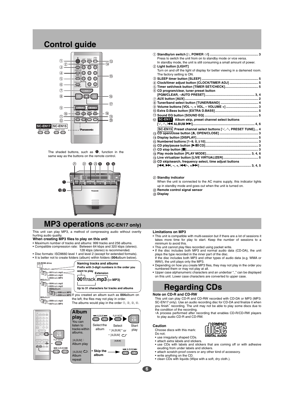 Control guide, Mp3 operations, Regarding cds | Sc-en17 only), 001 track. mp3, Album play, When creating mp3 files to play on this unit, Limitations on mp3, Caution | Panasonic SC-EN15 User Manual | Page 6 / 8