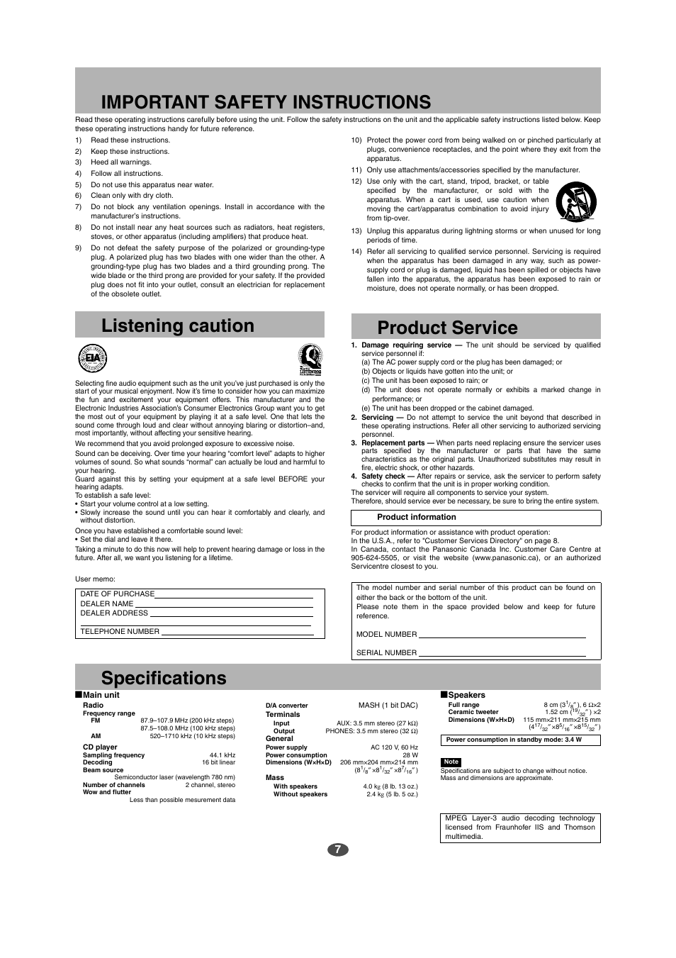 Important safety instructions listening caution, Product service, Specifications | Panasonic SC-EN15 User Manual | Page 7 / 8