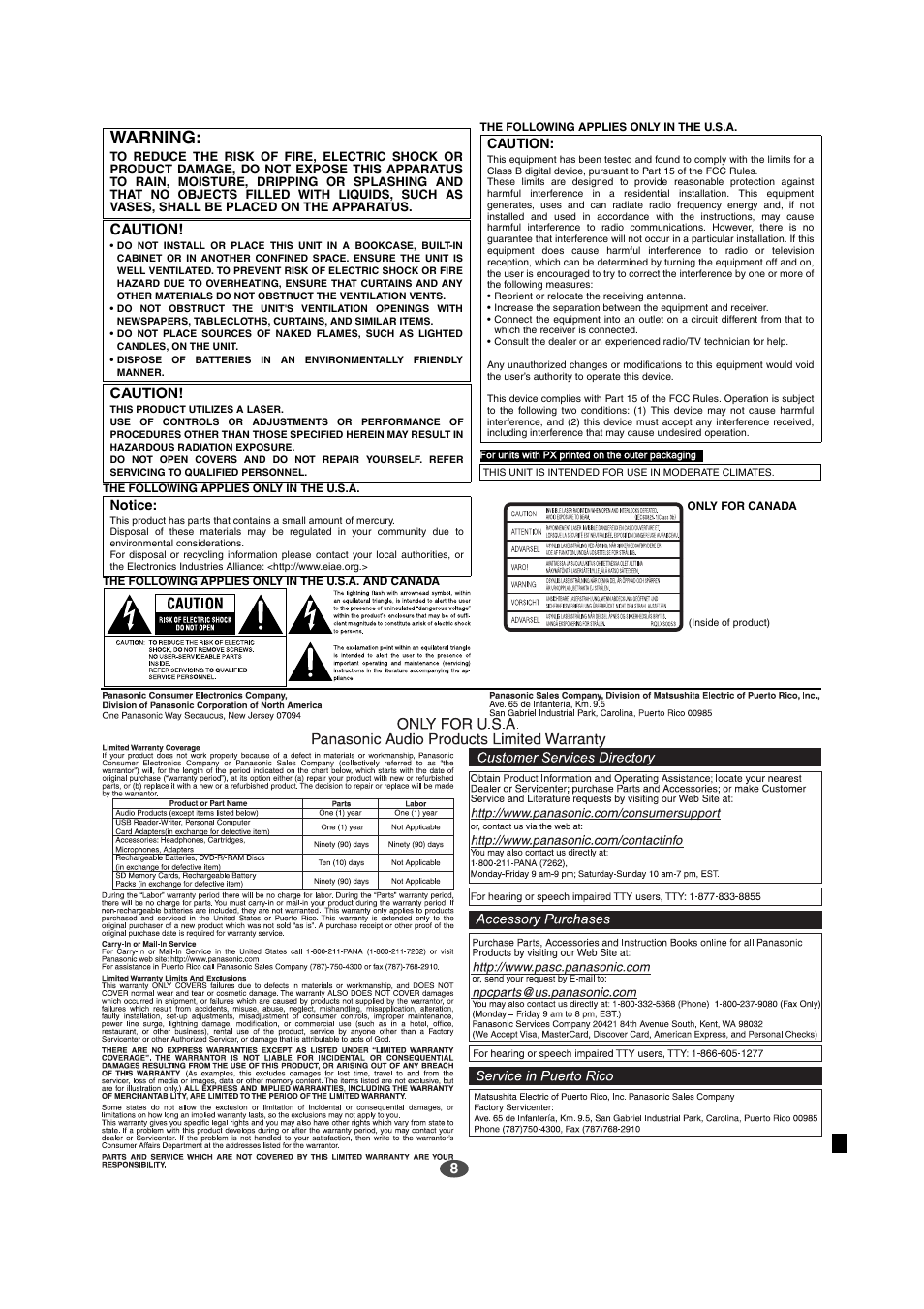 Warning, Caution | Panasonic SC-EN15 User Manual | Page 8 / 8