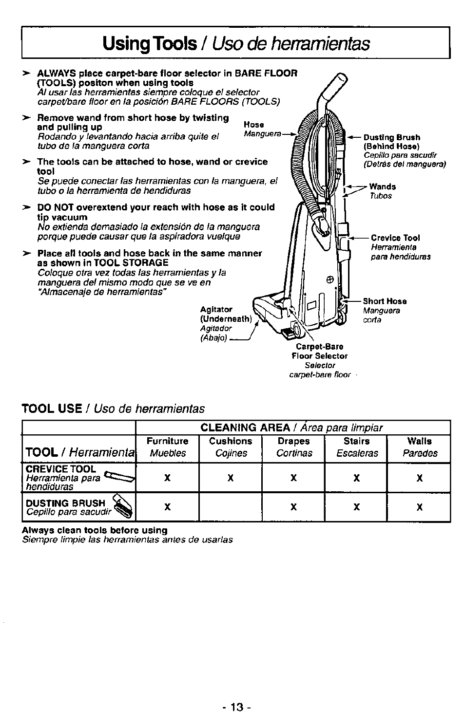 Tool use / liso de herramientas, Using tools, Uso de herramientas | Panasonic MC-V7348 User Manual | Page 13 / 24