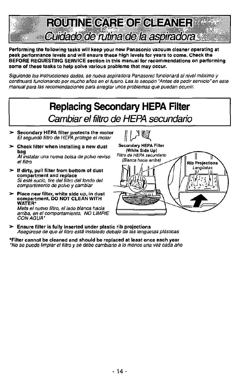 R^hn^pipofcei, Replacing secondary hepa filter, Cambiar el filtro de hepa secundario | Panasonic MC-V7348 User Manual | Page 14 / 24