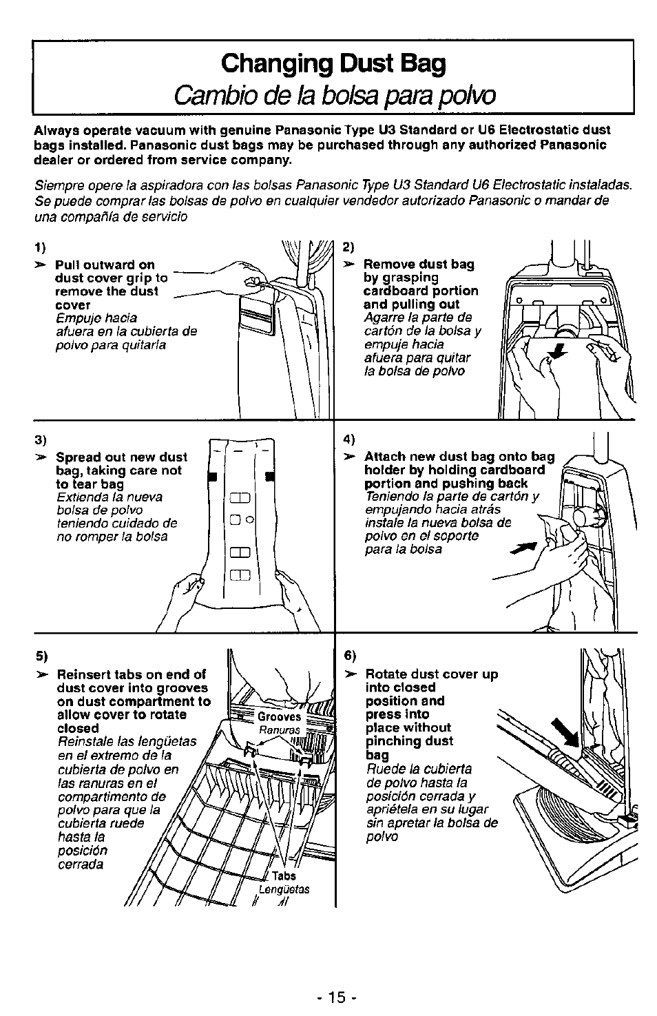 Changing dust bag, Cambio de la bolsa para polvo | Panasonic MC-V7348 User Manual | Page 15 / 24