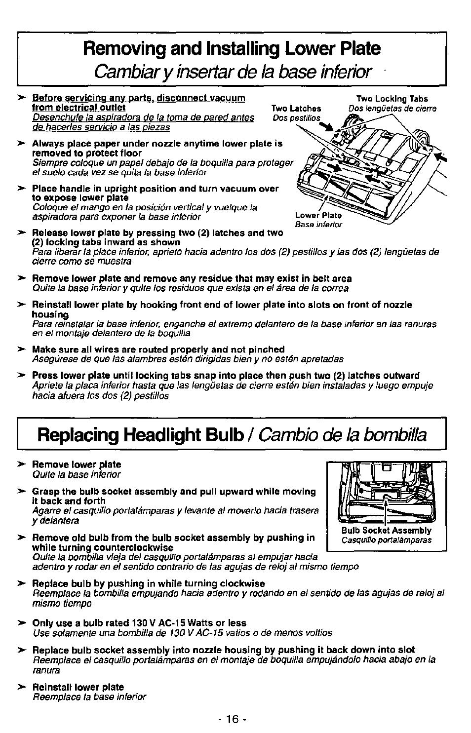 Remove lower plate, Only use a bulb rated 130 v ac-15 watts or less, Removing and installing lower plate | Replacing headlight bulb, Cambiar y insertar de ia base inferior, Cambio de ia bombata | Panasonic MC-V7348 User Manual | Page 16 / 24