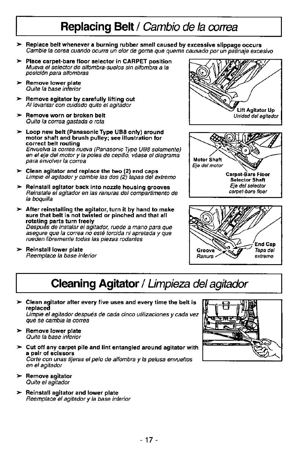 Remove worn or broken belt, Replacing belt, Cleaning agitator | Cambio de la correa, Limpieza dei agitador | Panasonic MC-V7348 User Manual | Page 17 / 24
