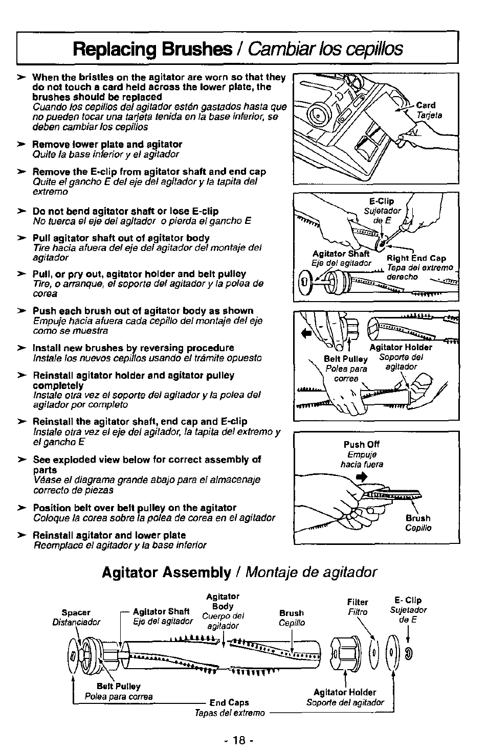 Montaje de agitador, Replacing brushes, Cambiarlos cepillos | Agitator assembly | Panasonic MC-V7348 User Manual | Page 18 / 24