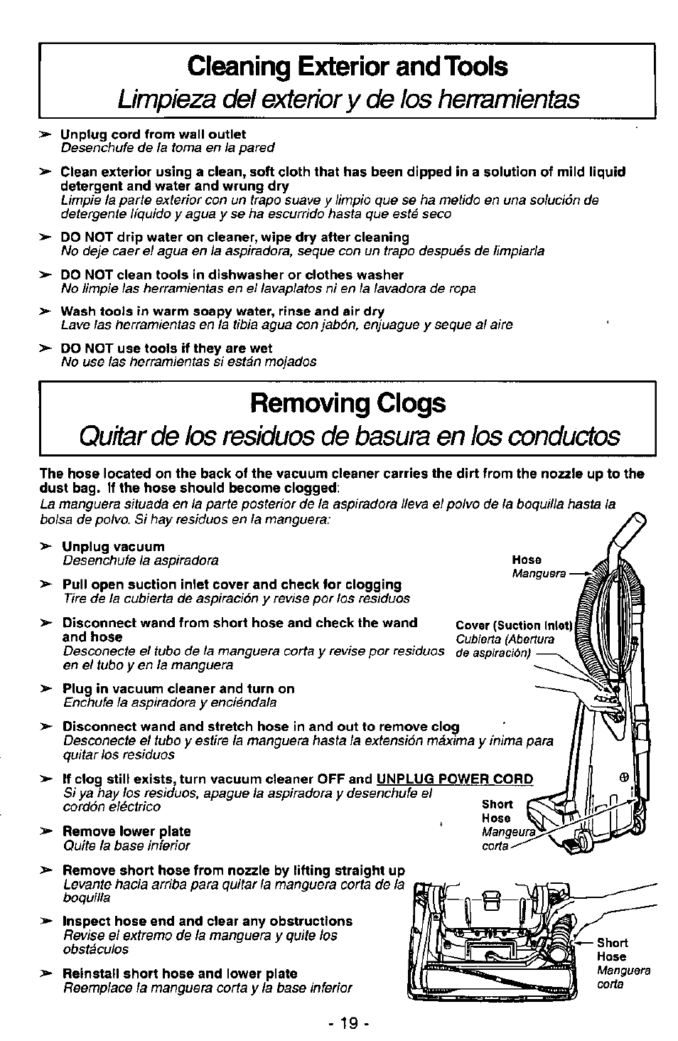 Unplug cord from wall outlet, Do not clean tools in dishwasher or clothes washer, Unplug vacuum | Cleaning exterior and tools, Removing ciogs, Limpieza del &denory de ios herramientas, Quitar de los residuos de basura en los conductos | Panasonic MC-V7348 User Manual | Page 19 / 24