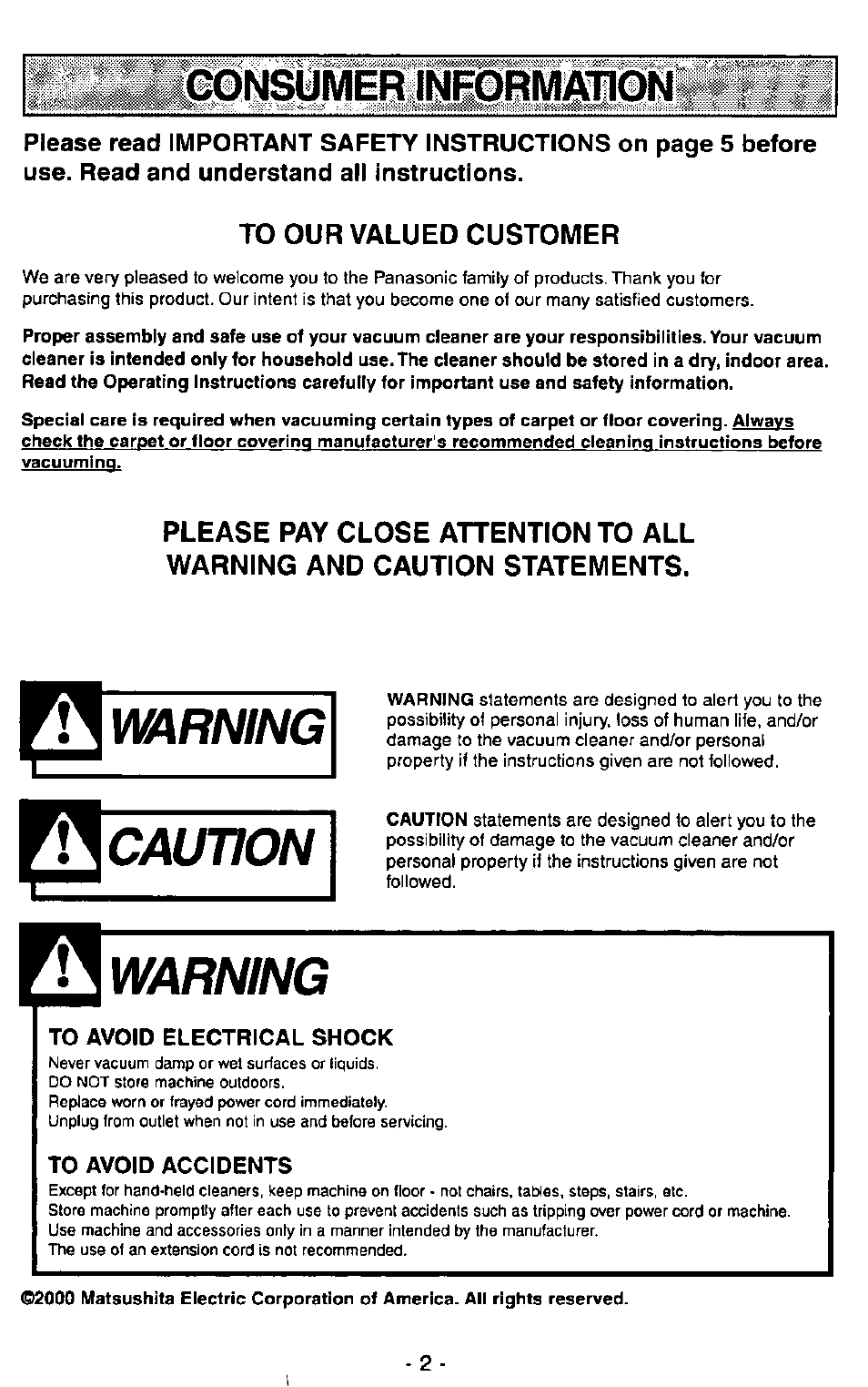 Warning, Caution, To avoid electrical shock | To avoid accidents, Consumer inform/mon | Panasonic MC-V7348 User Manual | Page 2 / 24