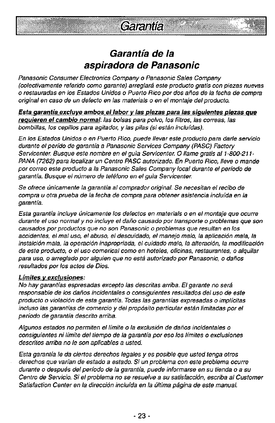 Garantía, Garantía de la aspiradora de panasonic | Panasonic MC-V7348 User Manual | Page 23 / 24