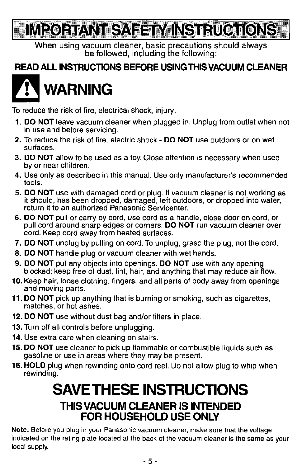 Imiaimnt smfeisinstruc^qns, Warning, Savethese instructions | Panasonic MC-V7348 User Manual | Page 5 / 24