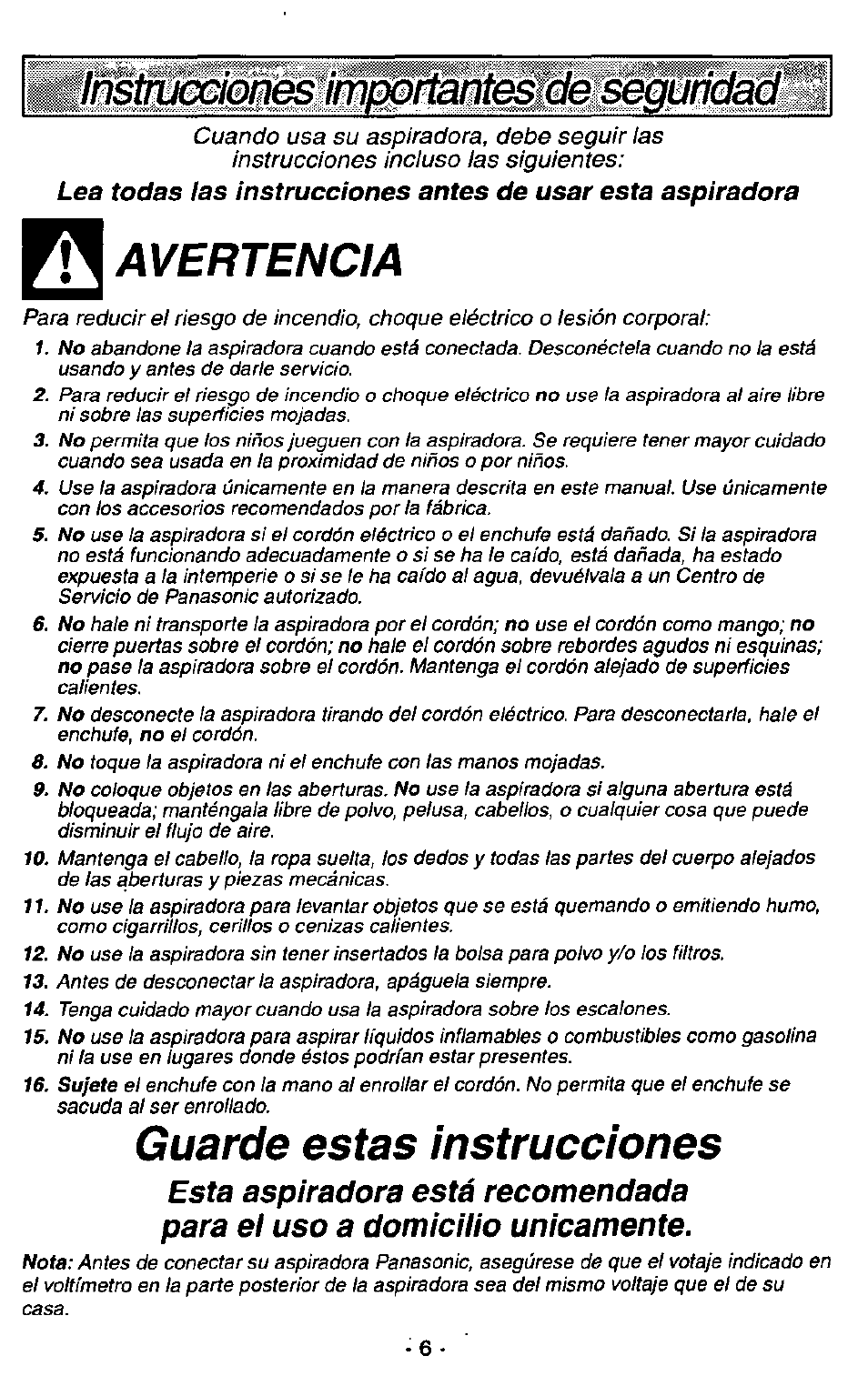 Avertencia, Guarde estas instrucciones, Тшщшез:1т1:югш | Panasonic MC-V7348 User Manual | Page 6 / 24